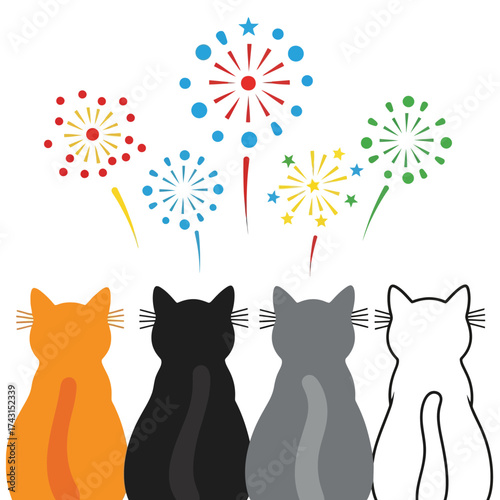 Four cats of different colors watch colorful fireworks exploding in the sky, seen from their backs.