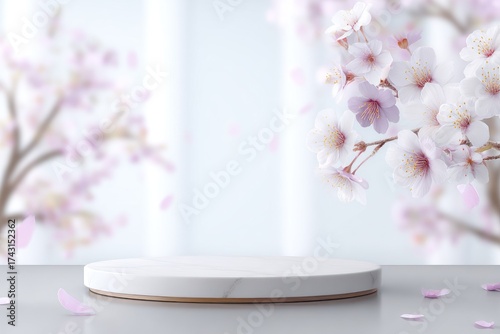 A white platform sits beneath blooming cherry blossoms with soft, dreamy focus
