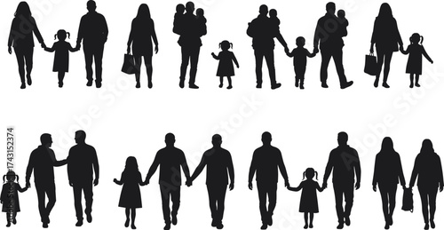 Silhouette illustration of families walking together with parents and children holding hands representing love, unity, togetherness, parenting, and bonding moments