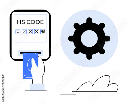 Hand inserting banknote into system labeled HS code with gear icon symbolizing automation, trade, logistics. Ideal for finance, customs, commerce, automation, import-export, transactions process