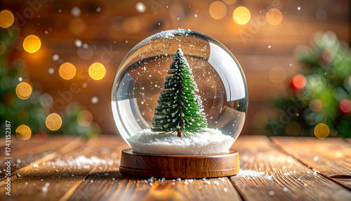 Enchanting Christmas Snow Globe with a Miniature Fir Tree, Adorned by Sparkling Bokeh Lights on a Warm Wooden Surface, Capturing the Holiday Spirit