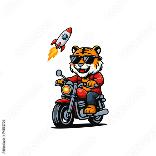 Cool tiger riding a motorcycle with a rocket flying above
