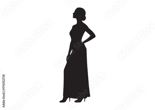 Vector art of elegant woman in long dress silhouette posing