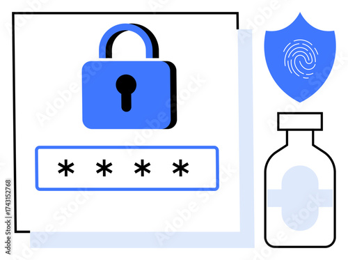 Lock and password box alongside fingerprint shield and medicine bottle. Ideal for data protection, online security, healthcare safety, privacy, access control, authentication, and integrity in
