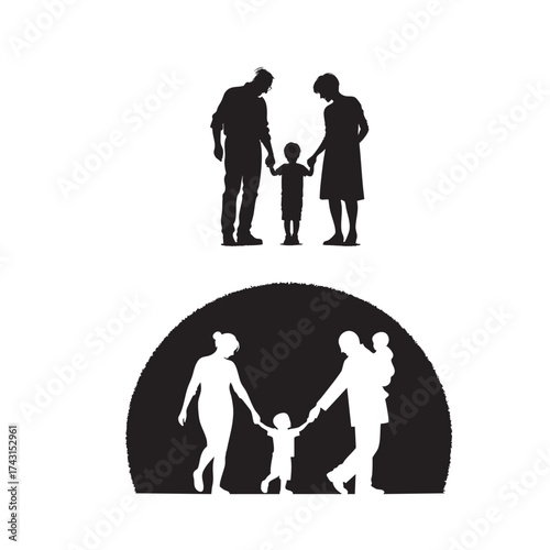 Minimalist Generations Silhouette — Child, Parent, and Grandparent Holding Hands in Black and White