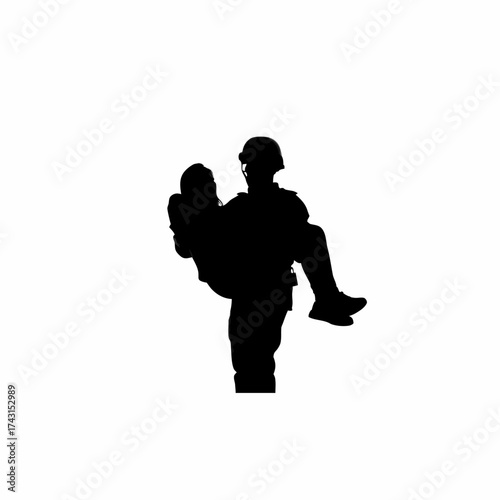 Silhouette of a rescuer carrying flood victims to safety isolated on white background
