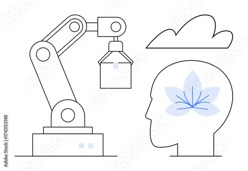 Robotic arm working alongside a human head symbol with serene flower inside, accompanied by a cloud. Ideal for innovation, AI, technology, balance, creativity, automation, and mindfulness themes