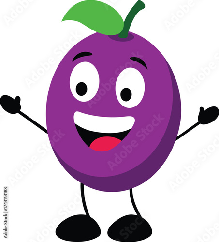 Happy cartoon plum with arms and legs smiling widely