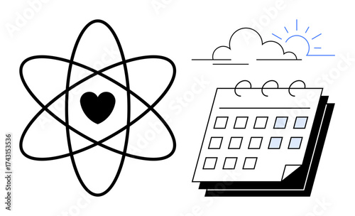 Heart inside an atomic orbit, sun behind clouds, and spiral calendar highlight connection, time, scheduling, science, innovation, love and wellness. Ideal for planning education technology