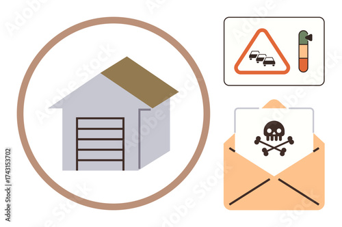 House with garage in circular frame, traffic congestion sign, pollution meter, and envelope with hazard icon. Ideal for safety, pollution, transportation, hazards, warnings risk clean environment