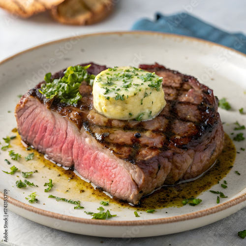 Delicious grilled ribeye steak with herb butter
