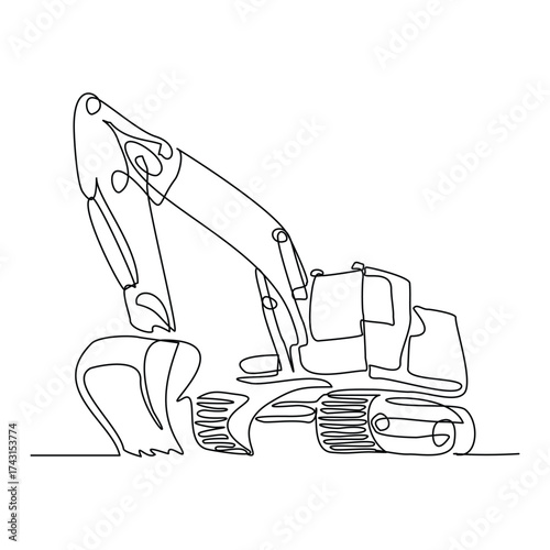 Continuous line drawing of excavator earth mover soil digger industry construction machinery. Sketch drawing editable stroke vector illustration