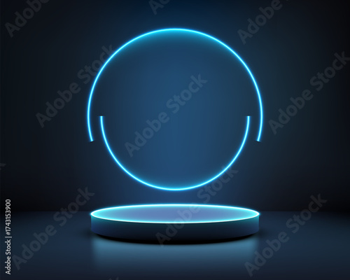 futuristic neon glowing circle with illuminated podium stage on dark reflective background for product showcase presentation and modern 3d technology design concepts