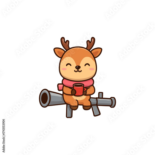 Cute cartoon deer sits on a rocket launcher holding a coffee cup