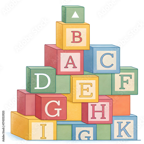 Colorful alphabet blocks stacked in a pyramid shape
