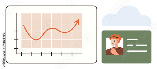 Graph with upward trendline, personal profile card, and cloud shape. Ideal for data management, analytics, growth strategy, personal data, cloud storage trend monitoring. Simple flat metaphor