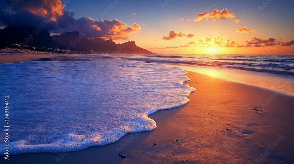 Fototapeta premium 37.Cape Town Sunset over Camps Bay Beach with Table Mountain and Twelve Apostles in the Background, South Africa