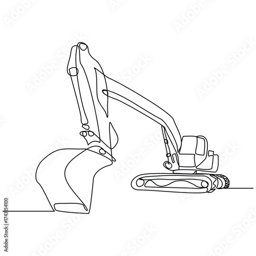 Continuous line drawing of excavator earth mover soil digger industry construction machinery. Sketch drawing editable stroke vector illustration