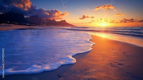 37.Cape Town Sunset over Camps Bay Beach with Table Mountain and Twelve Apostles in the Background, South Africa