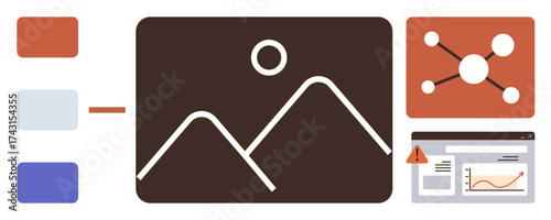 Abstract landscape in frame, data connections, web page with warning icon, and color palette samples. Ideal for web design, UI, UX, content management, creative workflow digital strategy simple