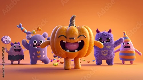 3D cartoon pumpkin-headed character running while laughing, surrounded by friendly monsters.