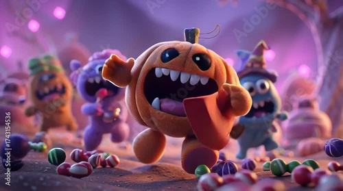 3D cartoon pumpkin-headed character running while laughing, surrounded by friendly monsters.