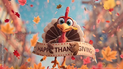 3D cartoon turkey dancing joyfully in front of a 