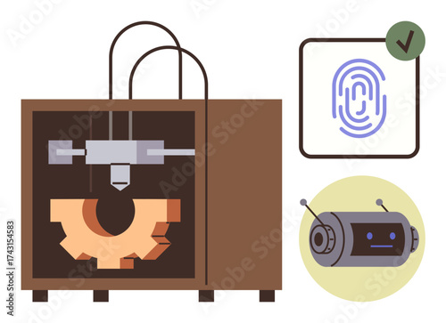 3D printer creating a gear, fingerprint authentication icon with green check mark, and robot head icon. Ideal for technology, innovation, automation, manufacturing, engineering, security