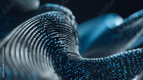 Abstract blue and silver wavy pattern with glowing dots evoking technological flow