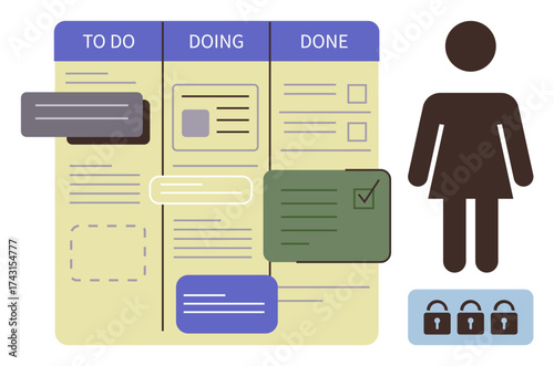 Task board with three columns, cards, and checklist for progress tracking, next to silhouette icon and lock imagery. Ideal for organization, productivity, teamwork, planning, accountability