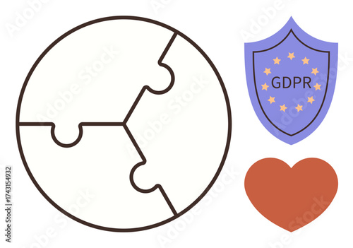 Puzzle globe representing global unity, shield labeled GDPR emphasizing data security, and heart symbolizing care. Ideal for data privacy, compliance, security, protection, ethics, trust awareness