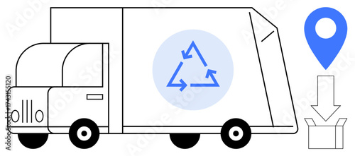 Recycling truck with a circular arrow symbol, navigation pin, and a box icon. Ideal for recycling, logistics, eco-awareness, waste management, environmental care navigation delivery. Simple flat