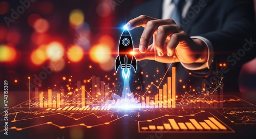 Business growth rocket launching with glowing data charts