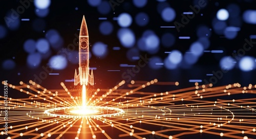 Dynamic rocket launch ignites digital network, symbolizing innovation