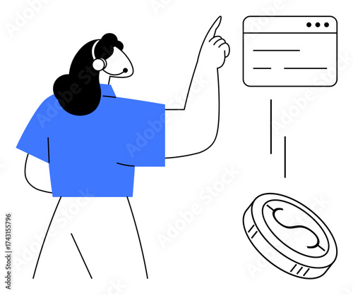 Woman pointing at a digital interface with text, alongside a floating coin. Ideal for finance, technology, innovation, online payment, business, investment and education themes. Simple flat metaphor