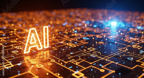 Glowing AI text illuminates futuristic digital circuit board with data flow