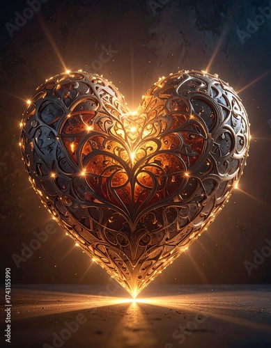 Illuminated metal heart with intricate ornate design