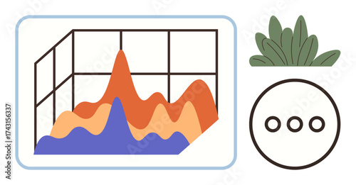 3D-style graph with vibrant peaks and valleys, simple text bubble with three dots, and green plant adds balance. Ideal for analytics, reporting, communication, simplicity, growth, organization