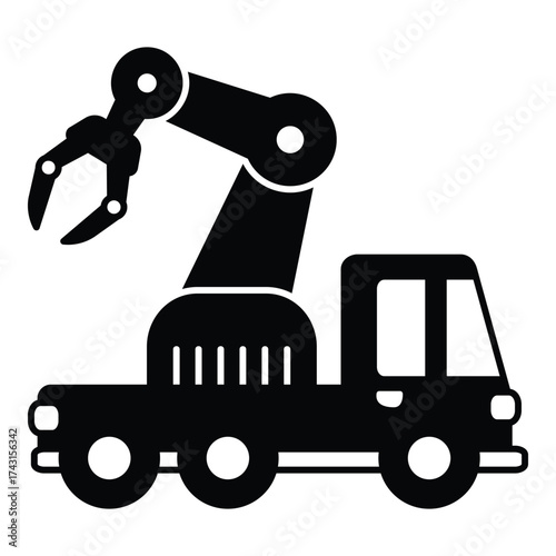 Truck with Robotic Grapple Arm for Material Handling Glyph Vector. This specialized vehicle is used for heavy-duty material handling, construction site work, or waste management.