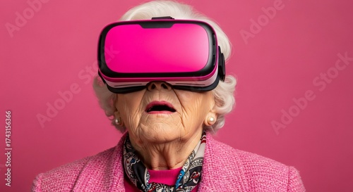 Elderly woman in VR headset experiences wonder and surprise