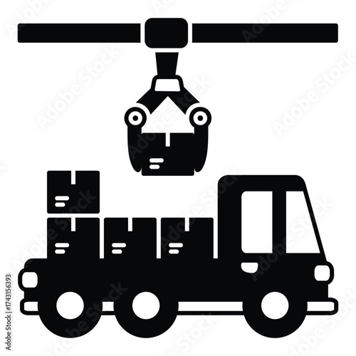 Automated Truck Loading and Unloading by Overhead Industrial Robotic Crane Glyph Vector. Representing the automation a loading dock, emphasizing speed and efficiency in logistics and supply chain.