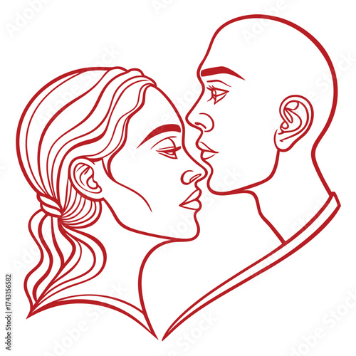 A minimalist red line art illustration of a man and woman in profile about to kiss conveying romance and intimacy