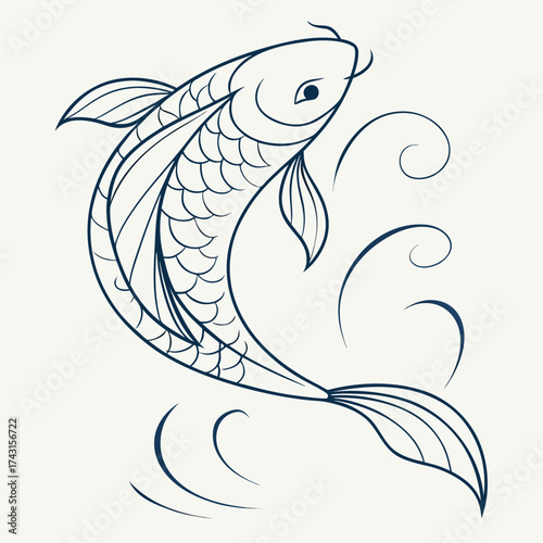 Elegant dark blue outline of a koi fish swimming gracefully with stylized water swirls on a light cream background