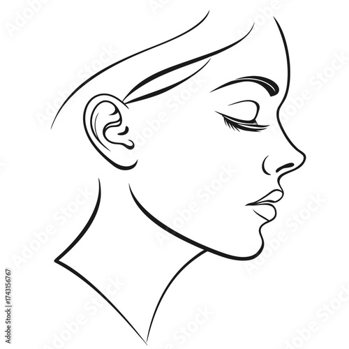 Elegant minimalist line art drawing of a woman s profile with closed eyes and flowing hair conveying serenity and beauty
