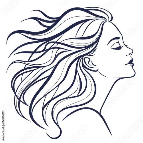 Elegant line art profile of a woman with flowing hair in a serene pose conveying beauty and grace