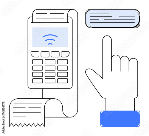 Payment terminal printing receipt, user tapping card for contactless transaction. Ideal for finance, technology, business, shopping, digital wallet, cashless payment, simple flat metaphor