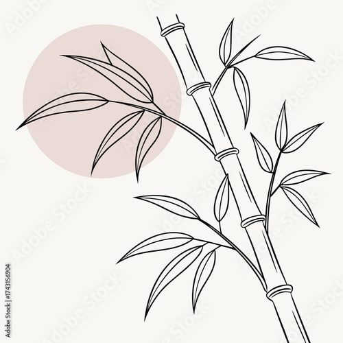 Minimalist line art illustration of a bamboo stalk with leaves and a soft pink circle representing the sun or moon against a neutral background