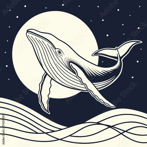 Majestic humpback whale breaching the ocean waves under a large full moon and starry night sky in a stylized illustration