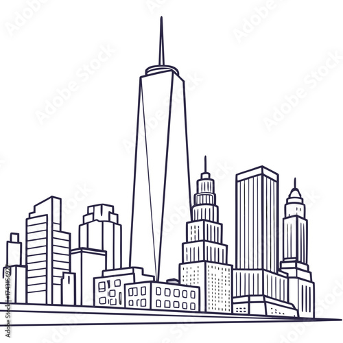 Minimalist outline drawing of a modern city skyline featuring iconic skyscrapers and diverse architectural styles against a white background