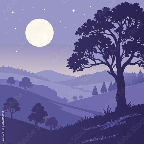 Serene purple landscape under a bright full moon and starry night sky with silhouetted trees and rolling hills